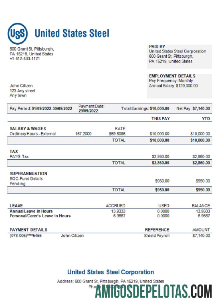 EUA Estados Unidos Steel Corporation Steel Production Company Recibo de pagamento exemplo
